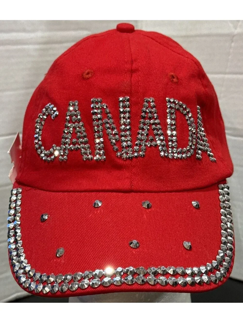 Canada Sparkling Faux Diamonds Niagara Falls Maple Leaf Red Baseball Cap